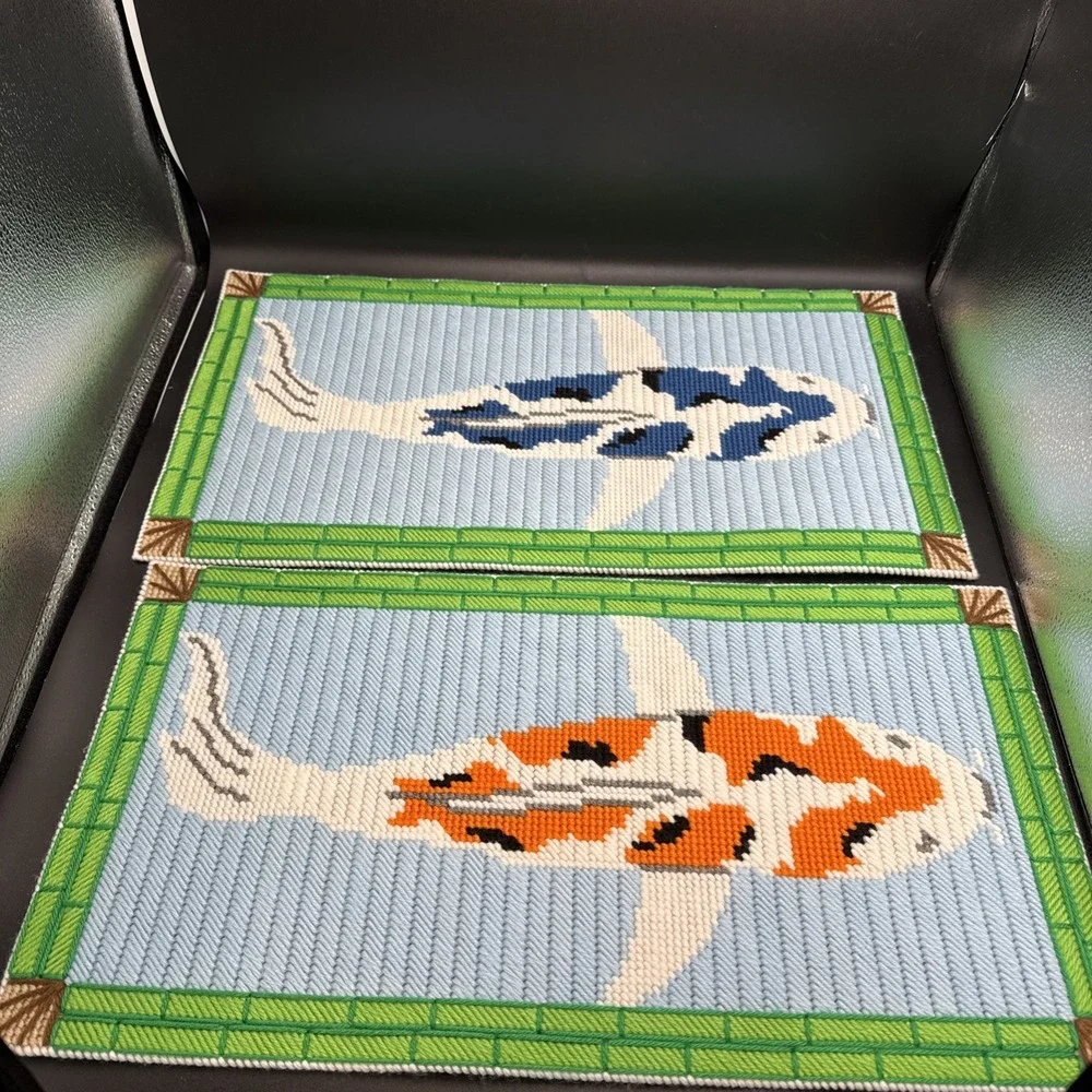 Plastic‎ Canvas Koi Pond Fish Bamboo Panels COMPLETE Set Of 4
